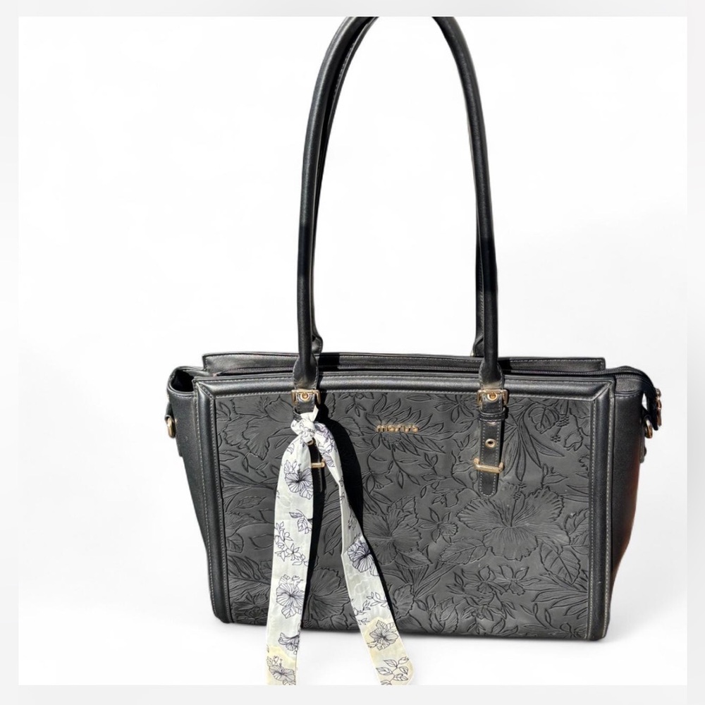 Black Floral-Embossed Tote Bag with Scarf Accent - Mosiso